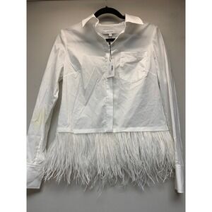Milly Feather Hem Shirt Womens 2 White NWT Cotton Poplin Ostrich Trim tin stain